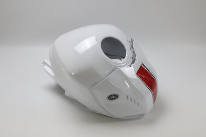 White motorcycle fuel tank with red stripe and Yamaha logo on a white background