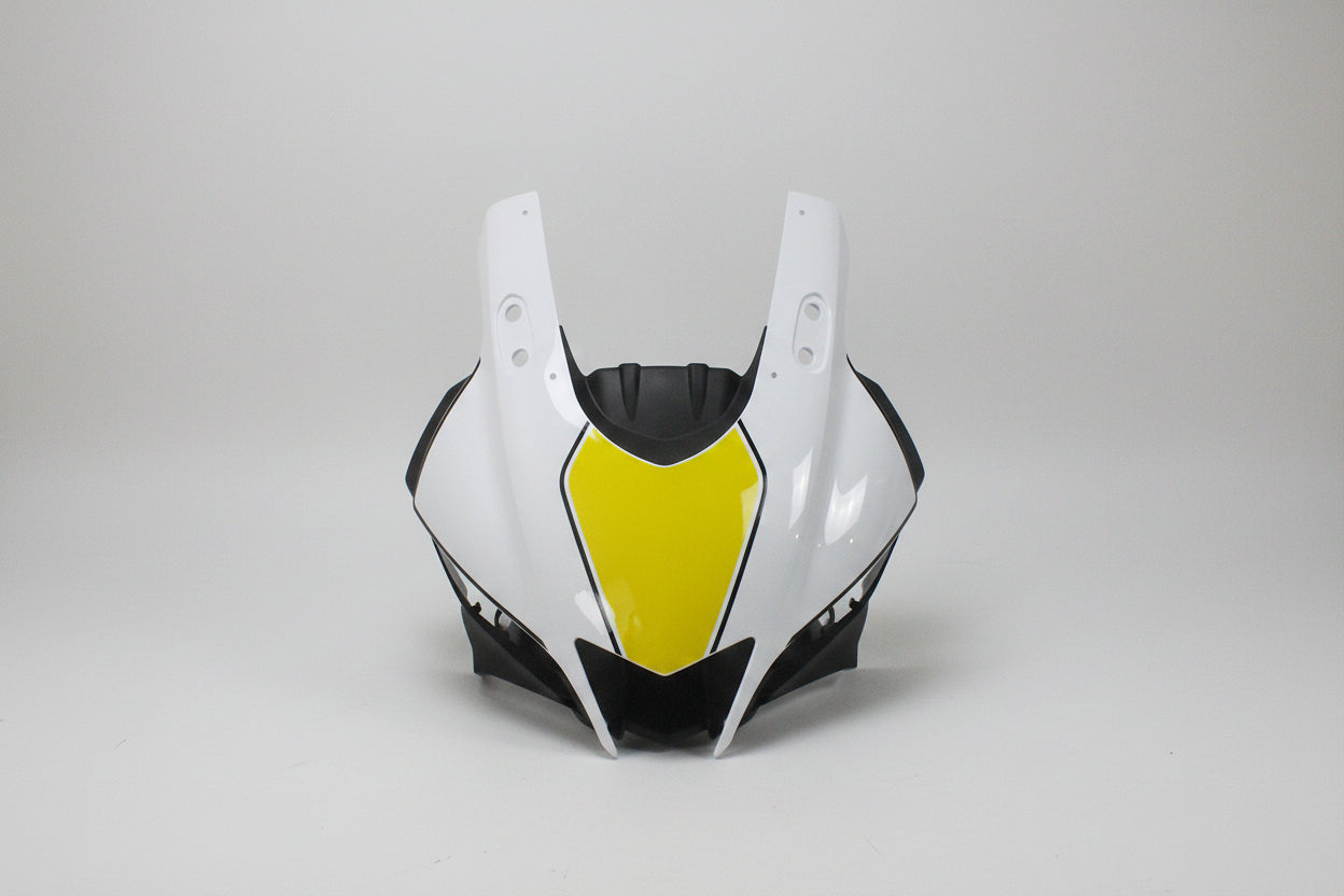 Motorcycle windshield with yellow center and black sides on a white background