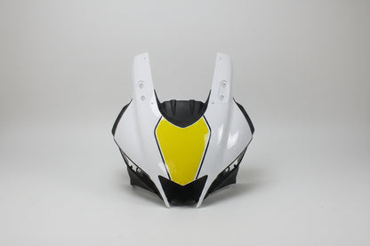 Motorcycle windshield with yellow center and black sides on a white background