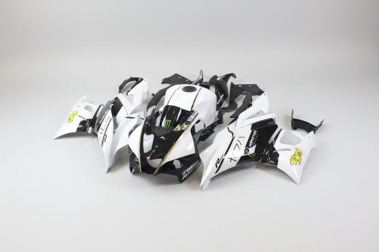 Motorcycle bodywork with branding on a white background