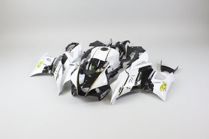 Motorcycle bodywork with branding on a white background