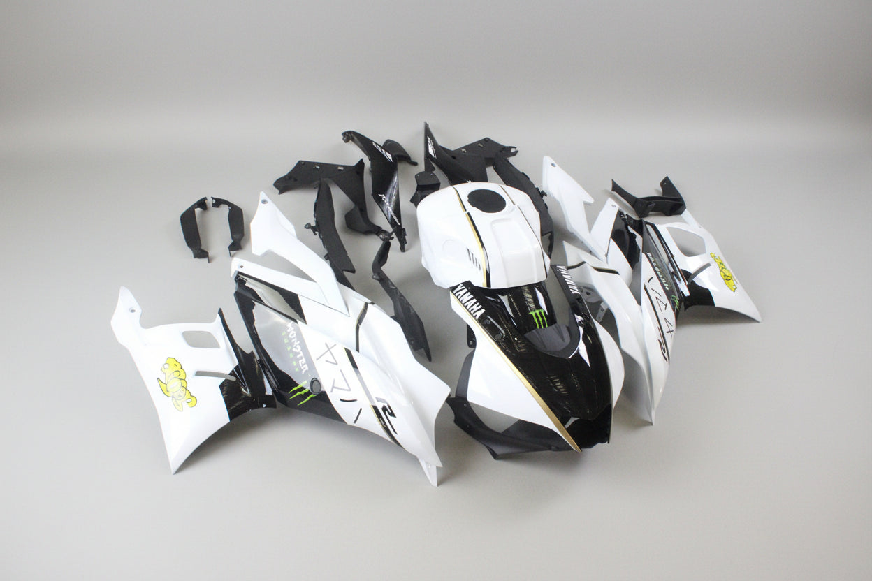 Motorcycle bodywork pieces with branding on a white background