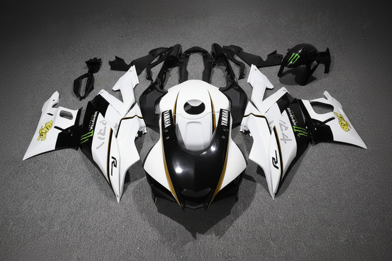 Motorcycle bodywork pieces on a gray background