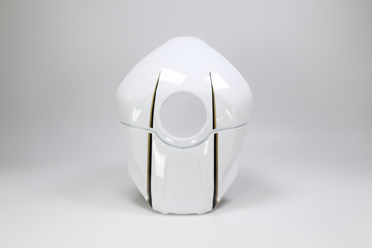 White plastic component with a circular cutout on a white background