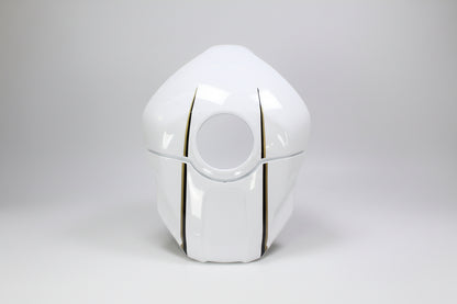 White plastic component with a circular cutout on a white background