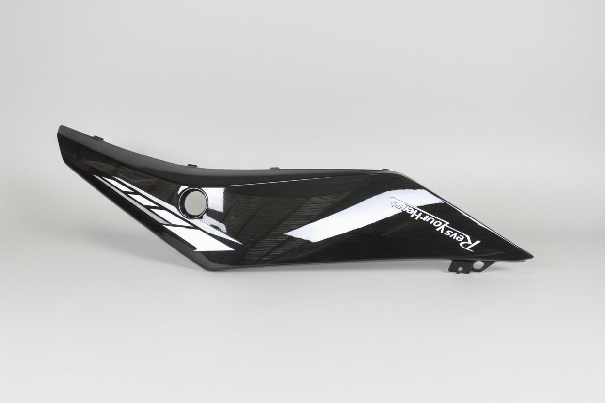 Black motorcycle fairing with 'Trey's Yamaha' branding on a white background
