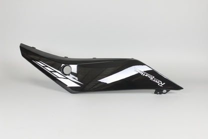 Black motorcycle fairing with 'Trey's Yamaha' branding on a white background
