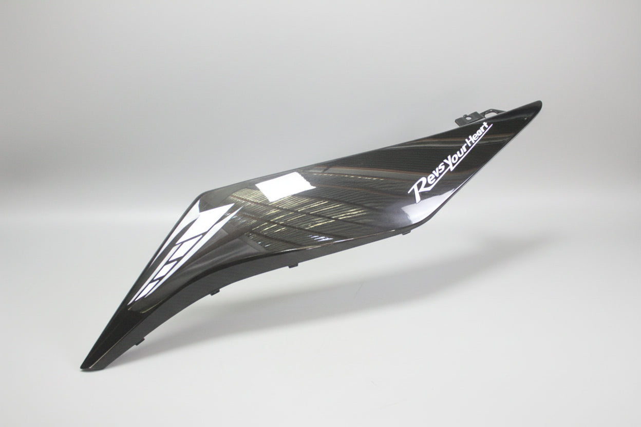 Black motorcycle fairing with 'Ride Your Heart' text on a white background