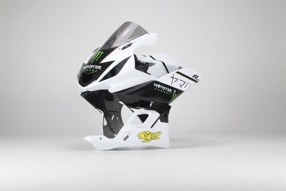 Motorcycle fairing with branding on a white background
