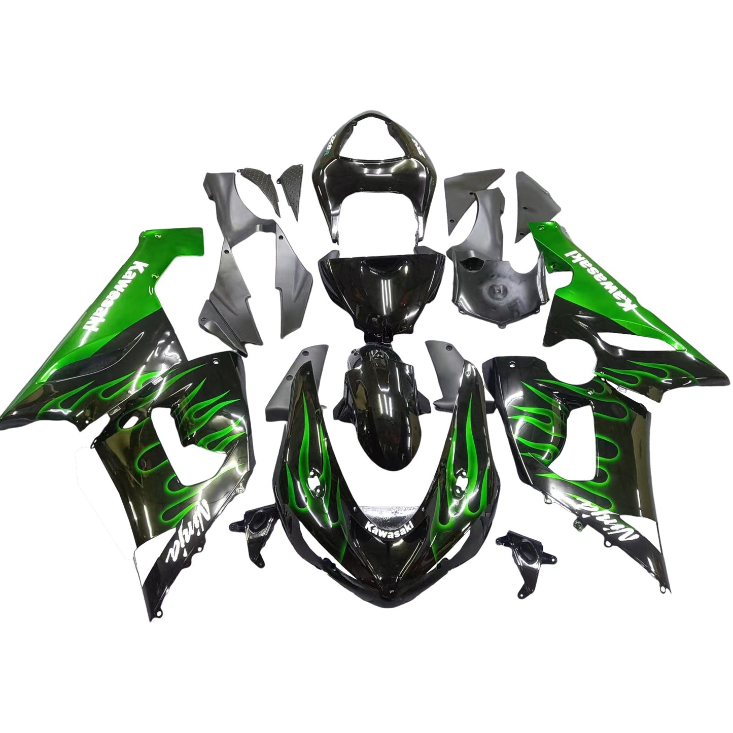 2005-2006 Fairings Kawasaki ZX6R 636 Black & Green Flame Ninja  Generic