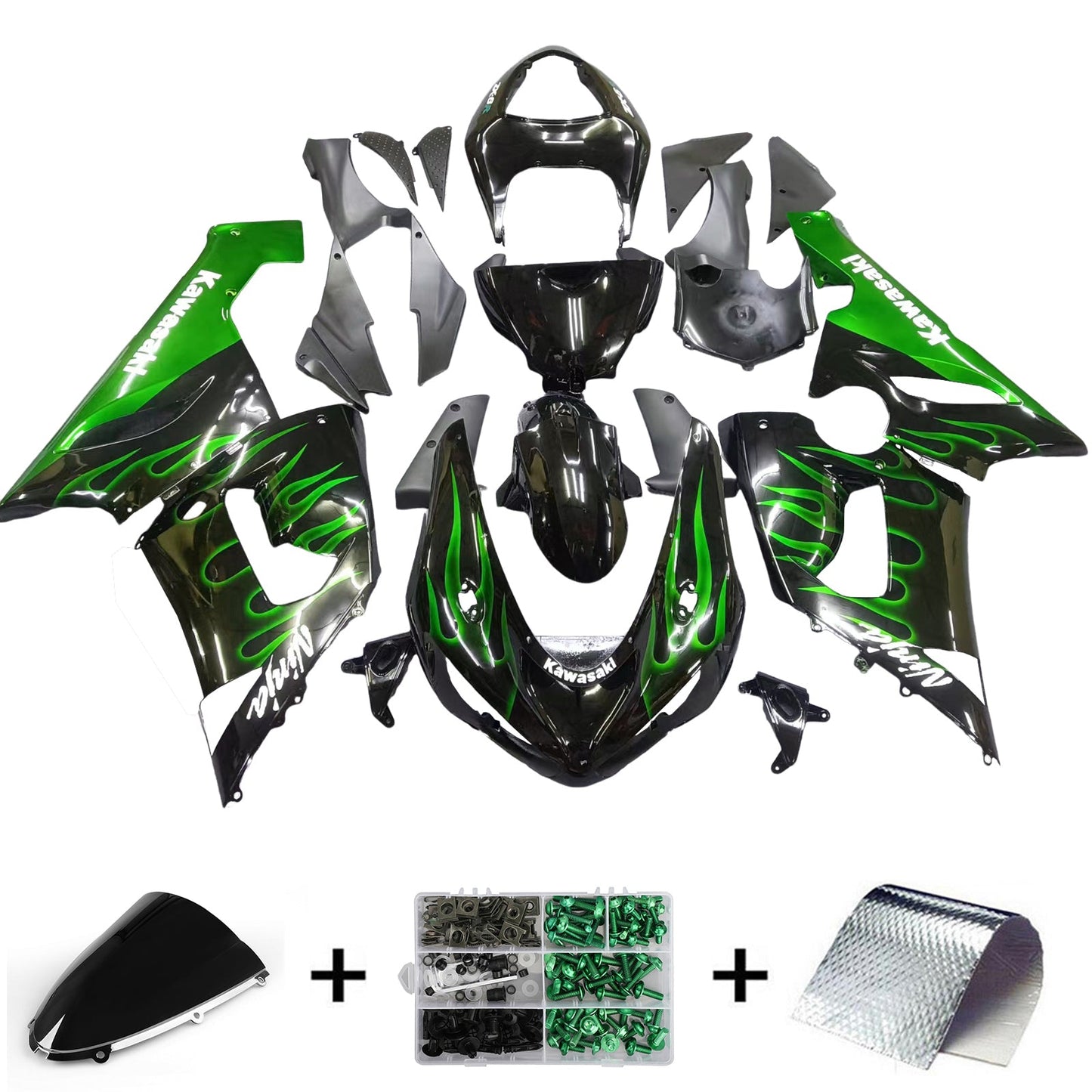 2005-2006 Fairings Kawasaki ZX6R 636 Black & Green Flame Ninja  Generic