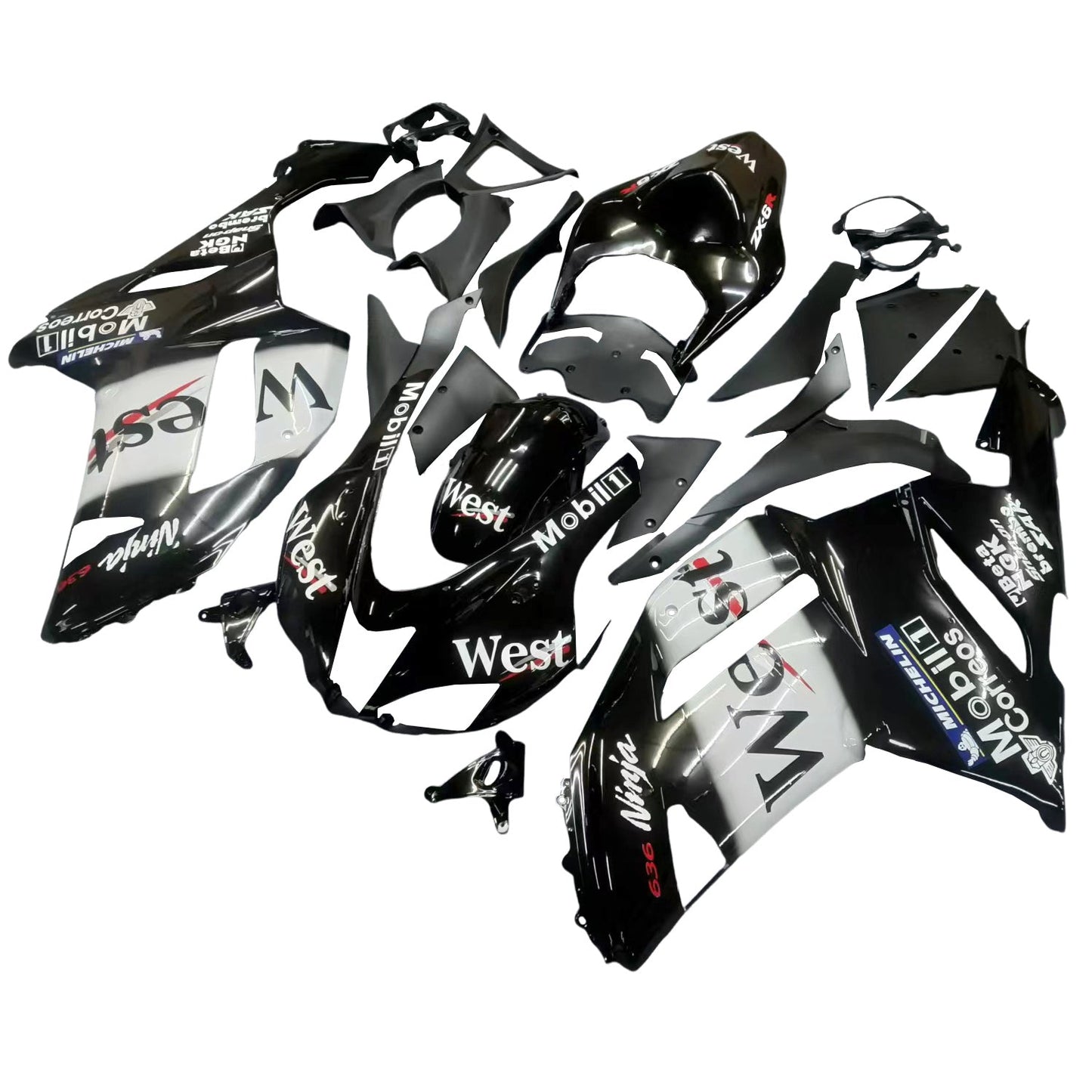 2007-2008 Fairings Kawasaki ZX6R ZX636 Black White West Ninja  Generic