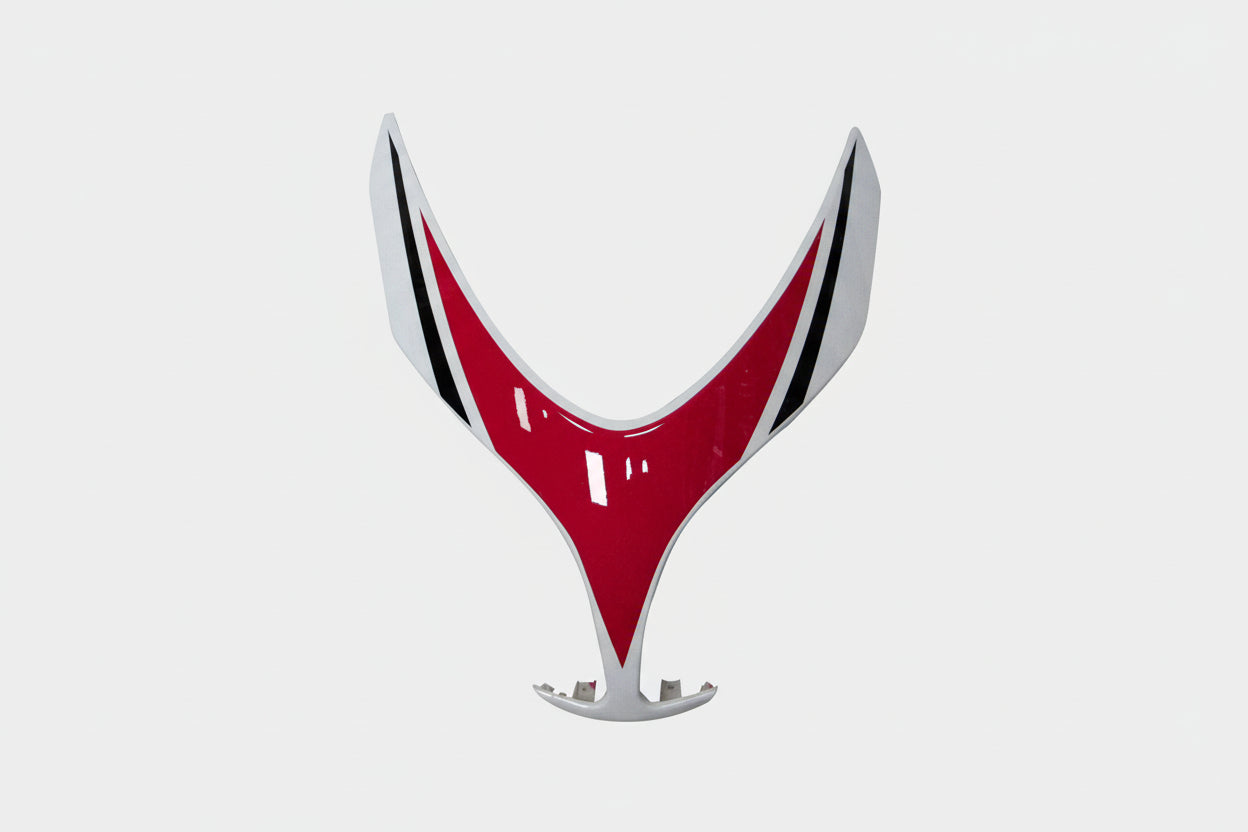 Red and white car hood with black accents on a white background