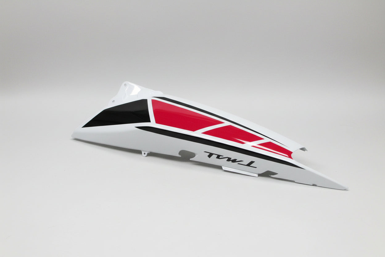 Motorcycle fairing with red and black design on a white background