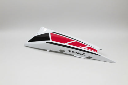 Motorcycle fairing with red and black design on a white background