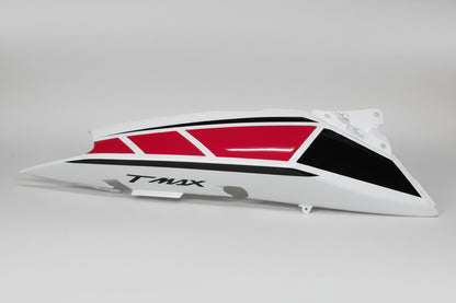Motorcycle fairing with red and black design on a white background