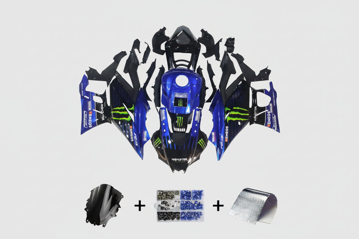 Motorcycle body panels with Monster Energy branding on a white background