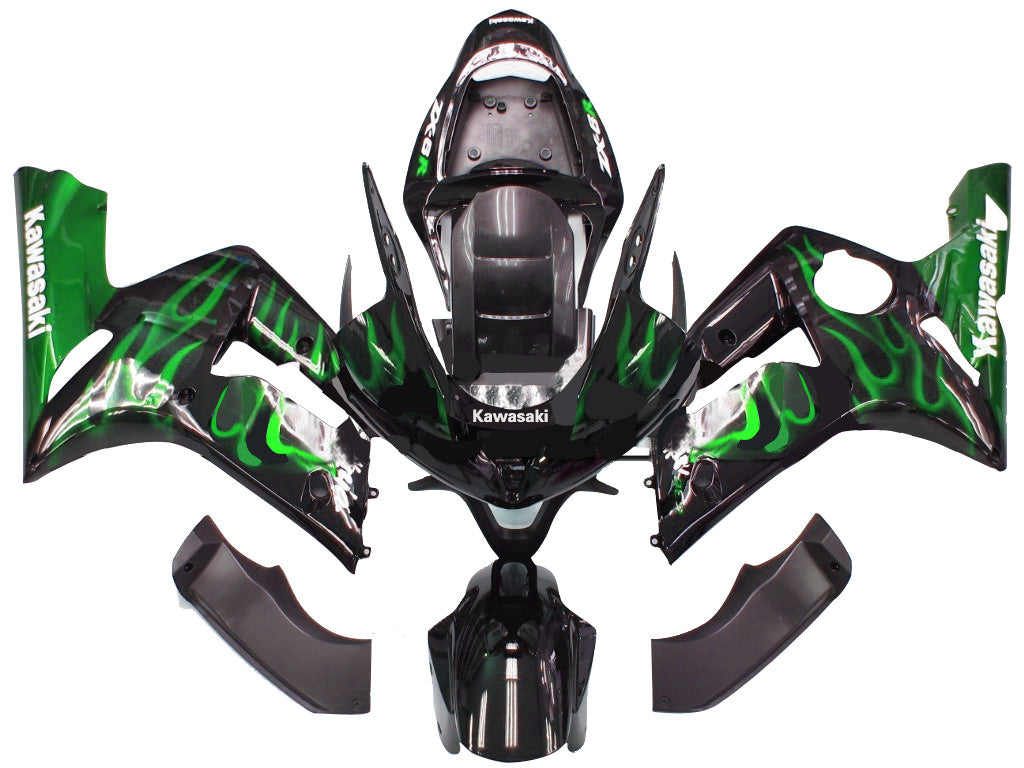 2003-2004 Fairings Kawasaki ZX6R 636 Black & Green Flame Ninja  Generic
