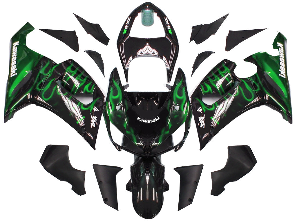 2005-2006 Fairings Kawasaki ZX6R 636 Black & Green Flame Ninja  Generic