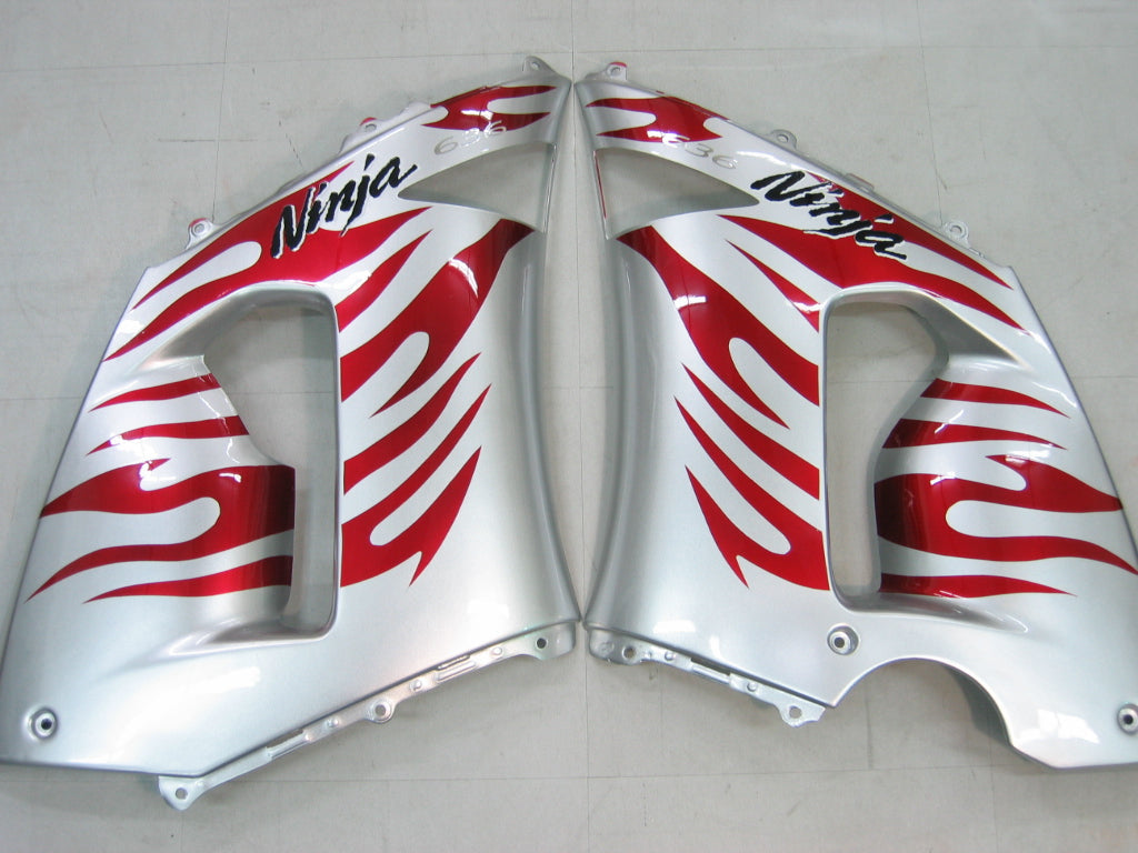 2005-2006 Fairings Kawasaki ZX6R 636 Silver & Red Flame Ninja   Generic