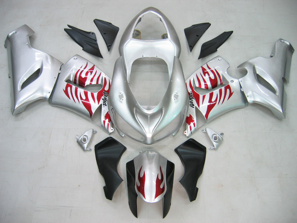 2005-2006 Fairings Kawasaki ZX6R 636 Silver & Red Flame Ninja   Generic