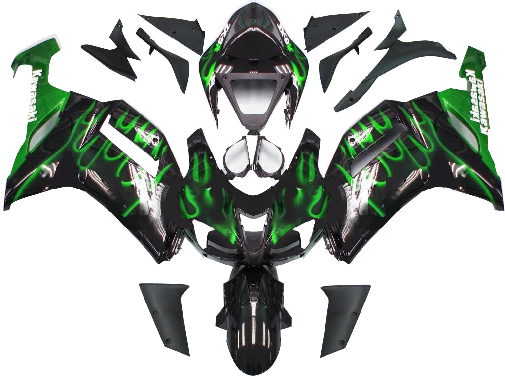 2007-2008 Fairings Kawasaki ZX6R ZX636 Black & Green Flame Ninja  Generic
