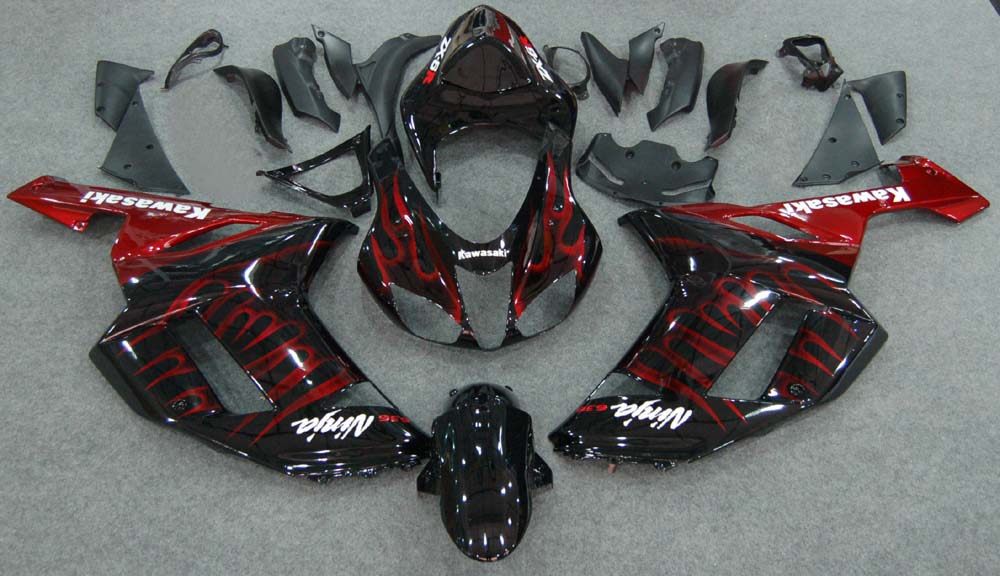 2007-2008 Fairings Kawasaki ZX6R ZX636 Black & Red Flame Ninja  Generic